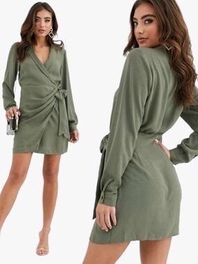 ASOS Design Collared Olive Green Mini Wrap Dress Women’s Size 8